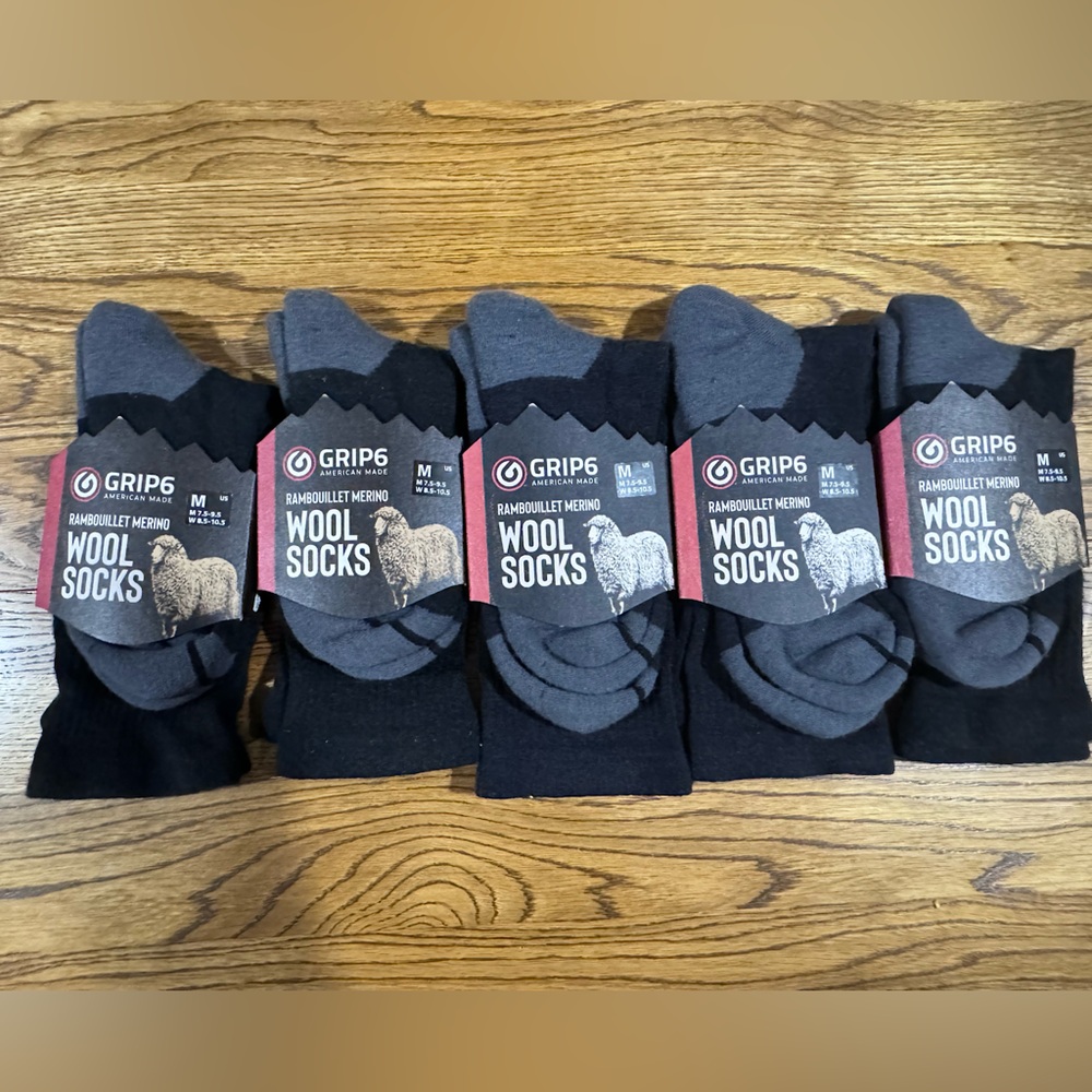 FIVE pairs of GRIP6 - Size Medium RAMBOUILLET MERINO WOOL SOCKS